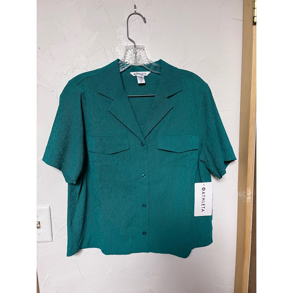 ATHLETA Echo Textured Emerald Green Short Sleeve Button Up Shirt Top XS